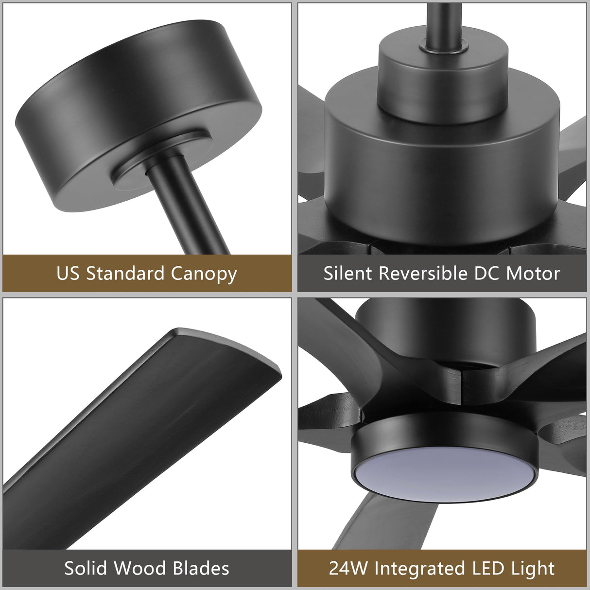 ELEHINSER 60" Modern Ceiling Fan with Lights and Remote Control, 5 Solid Wood Blades 6-Speed Noiseless Reversible DC Motor, Ceiling Fan for Bedroom Dinning Living Room, Black ELEHINSER