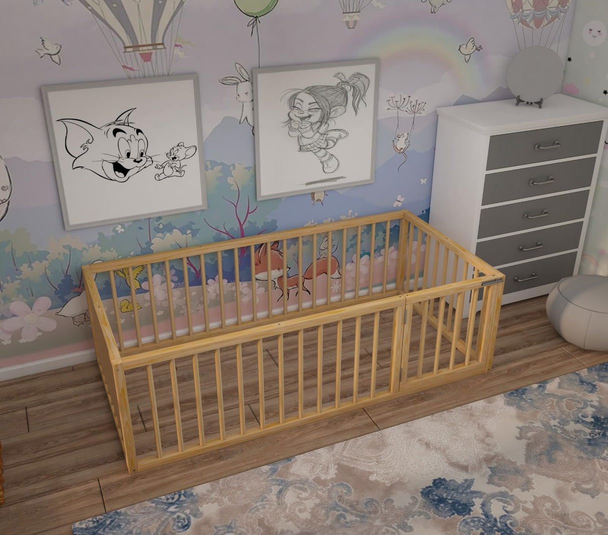 Montessori Floor Bed with Door for Toddler Crib Size 27.5'' x 53'' | Pine Wood Natural Solid Frame Bed | Sturdy Design Floor Bed Frame for Boy and Girls (Crib, Height : 19 Inches) wood and montessori