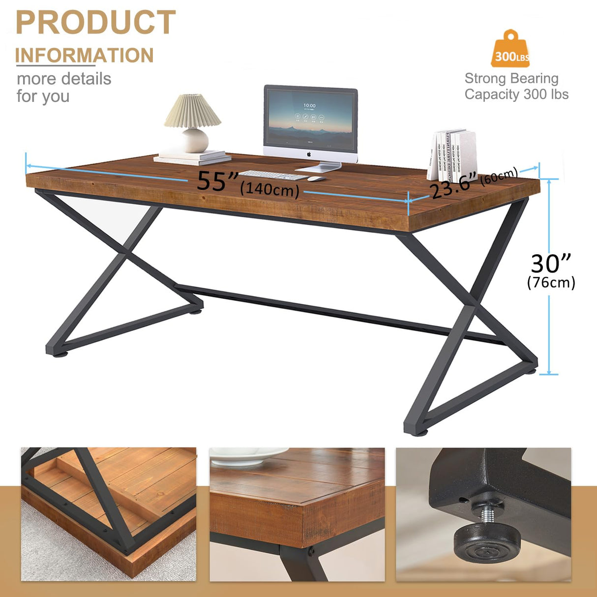 IBF Solid Wood Computer Desk, Rustic 55” Real Wood Home Office Work Desk, Farmhouse Natural Wood Desk for Writing Study, Simple Fir Wooden PC Table Workstation for Living Room Bedroom, Brown, 55 inch IBF