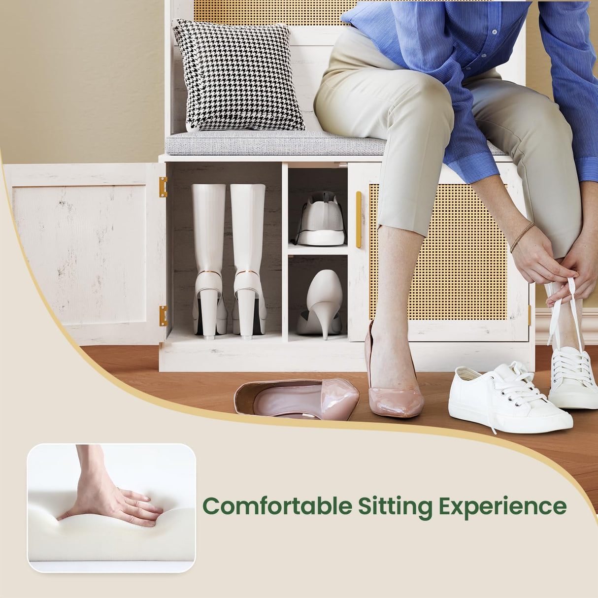 HOVANESTY Hall Tree with Bench and Shoe Storage, 5-in-1 Entryway Bench with Coat Rack, Padded Seat Cushion, 7 Tri-Hooks, Adjustable Shelf, Farmhouse Boho Furniture Organizer for Hallway, Rustic White HOVANESTY