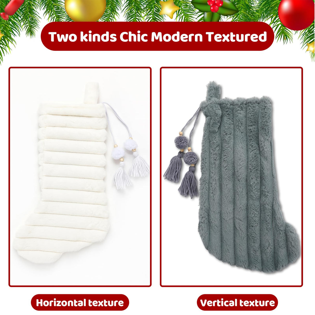 RoundFunny 4 Pcs Christmas Stockings, 18 Inch Striped Plush Faux Fur Xmas Stocking with Pendant, Large Thick Plush Hanging Stockings for Family Holiday Party Fireplace Stairs Decorations RoundFunny