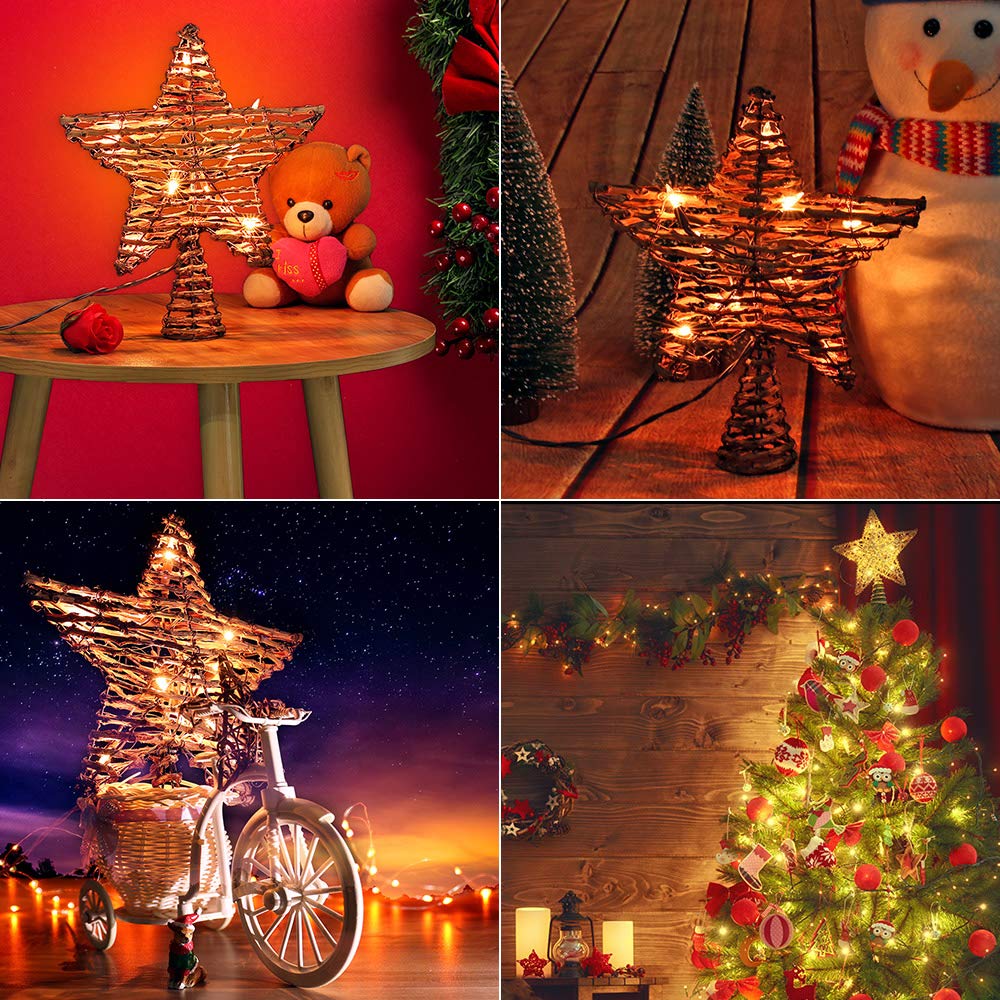 Brizled Christmas Tree Topper, 12-inch Rattan Star Treetop with 10 Warm White Lights, 120V UL Certified Xmas Tree-top Star Lights for Christmas Tree Ornament Indoor Party Home Decoration Brizled