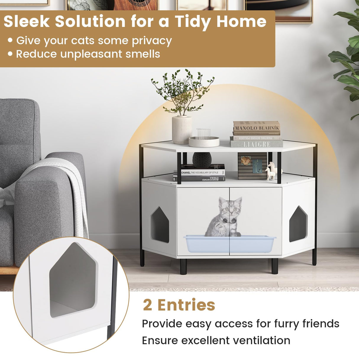 PETSITE Corner Cat Litter Box Enclosure, Litter Box Corner Cabinet with 2 Entrances, Open Shelf, and Double Doors, Industrial/Modern Style Hidden Litter Box Furniture for Cat Kitty (White) PETSITE
