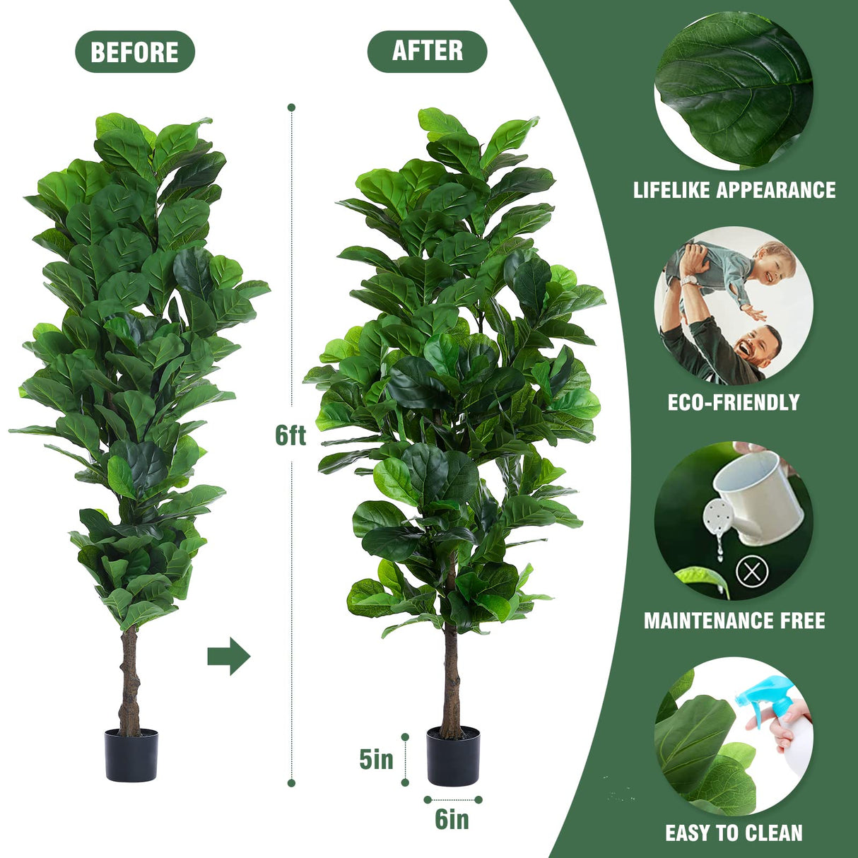 FLOWORLD Fiddle Leaf Fig Tree 6ft Tall Artificial Tree in Plastic Pot Fake Ficus Lyrata Plants with 184 Decorative Fiddle Leaves Faux Fig Trees for Home Office Living Room Decor Indoor Outdoor FLOWORLD