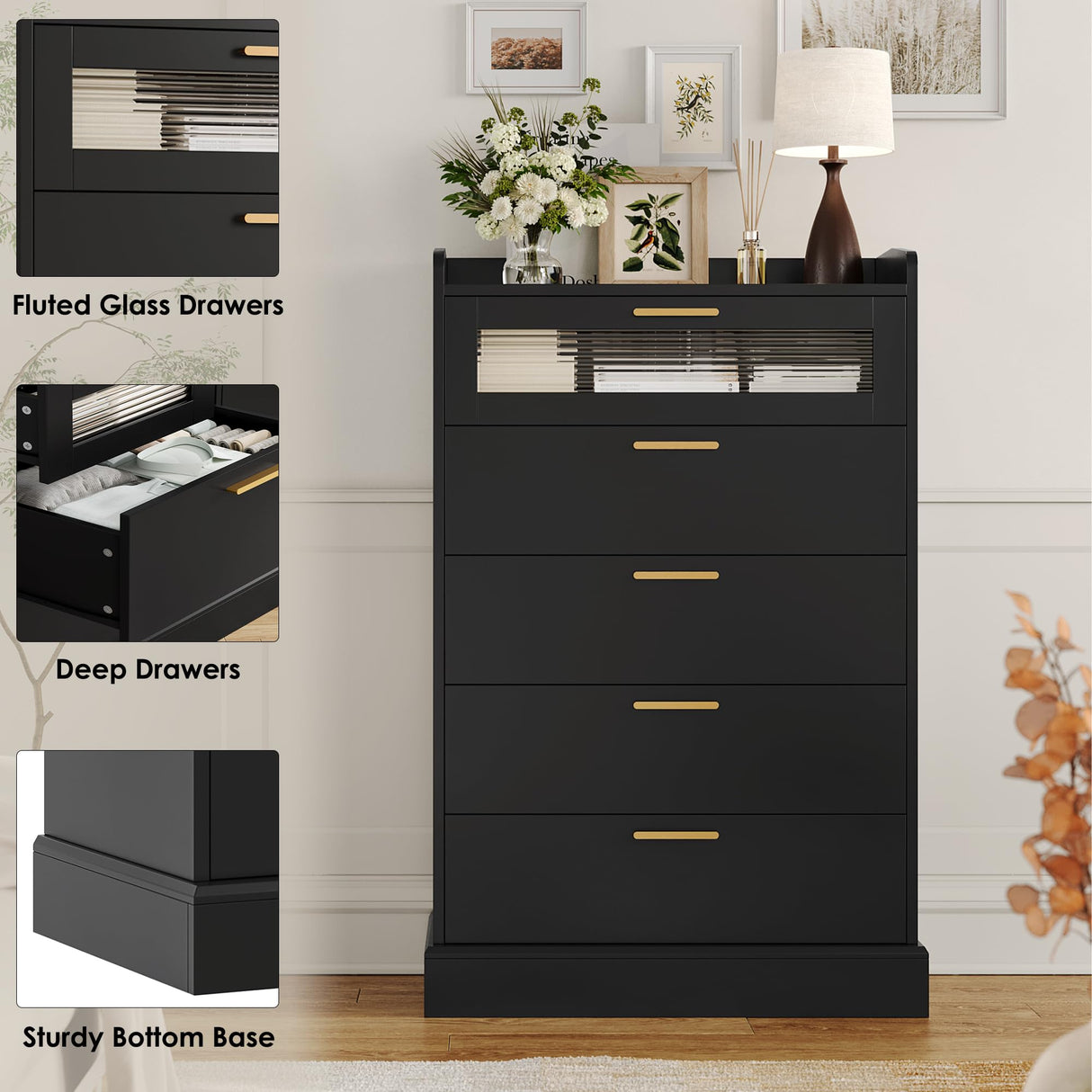 HOSTACK Modern 5 Drawer Dresser, Tall White Dresser Chest of Drawers with Gold Handles, Wood Dresser Storage Cabinet with Anti-Drop Fence & Fluted Glass for Living Room, Hallway, Entryway, Black HOSTACK