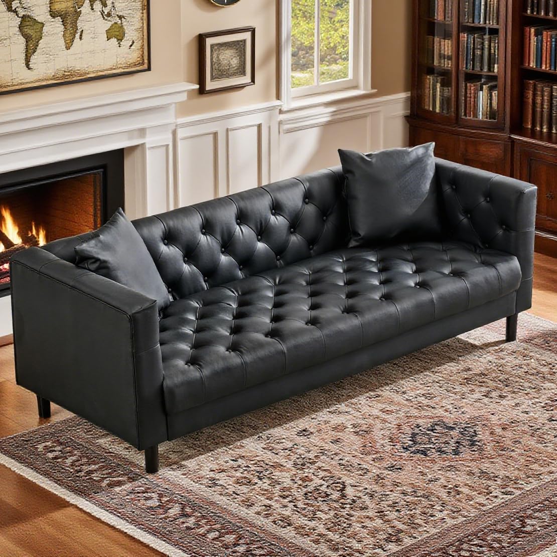 GarveeHome 78 in Couches for Living Room, Faux Leather Button-Tufted 3 Seater Sofa with 2 Pillows and Deep Seat, Mid Century Modern Upholstered Comfy Couch for Apartment, Office GarveeHome