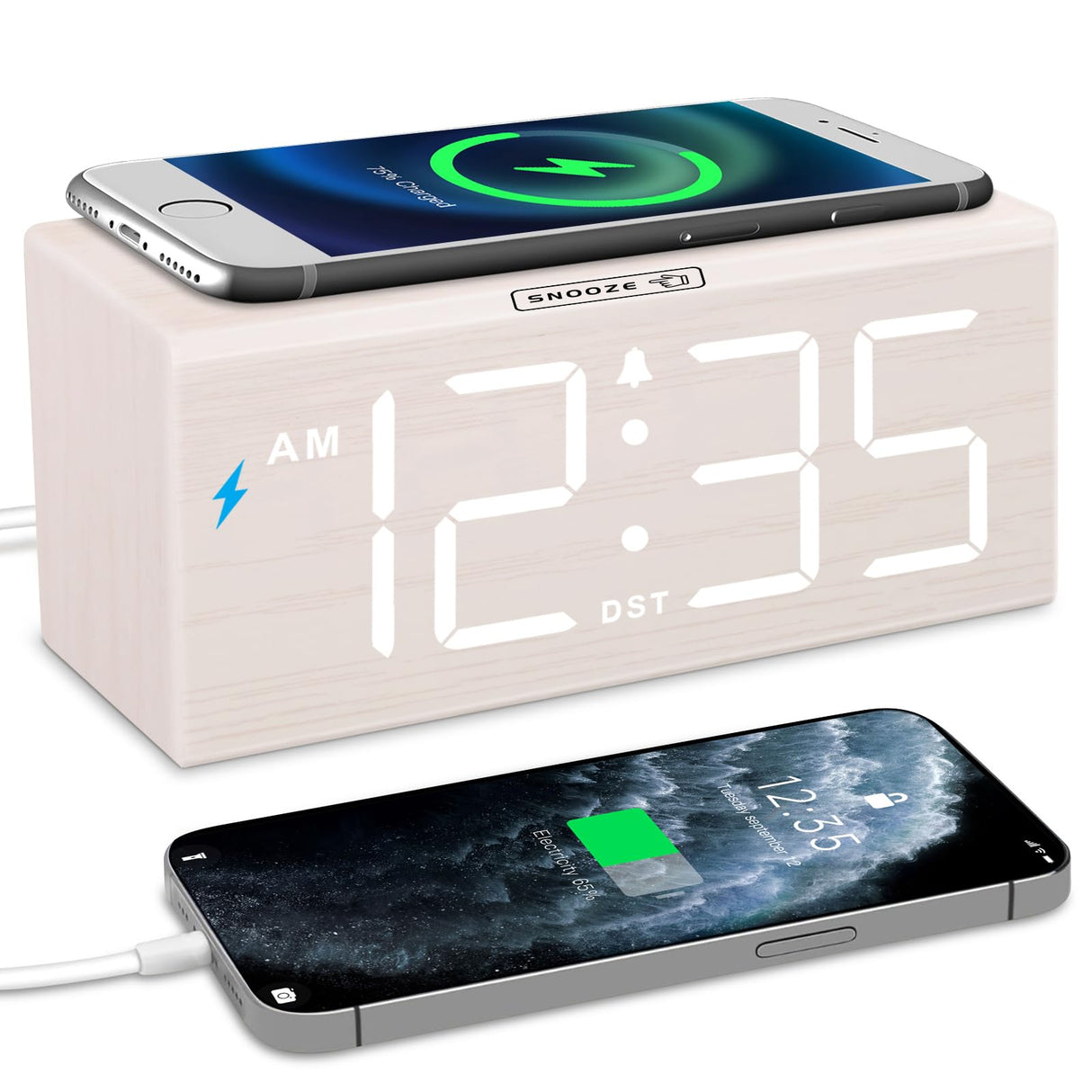 DreamSky Wooden Digital Alarm Clock with Wireless Charging for Bedroom, Bedside Nightstand Clock with Charger Station, USB Port, Large Numbers, Adjustable Volume, Brightness Dimmer, DST DreamSky