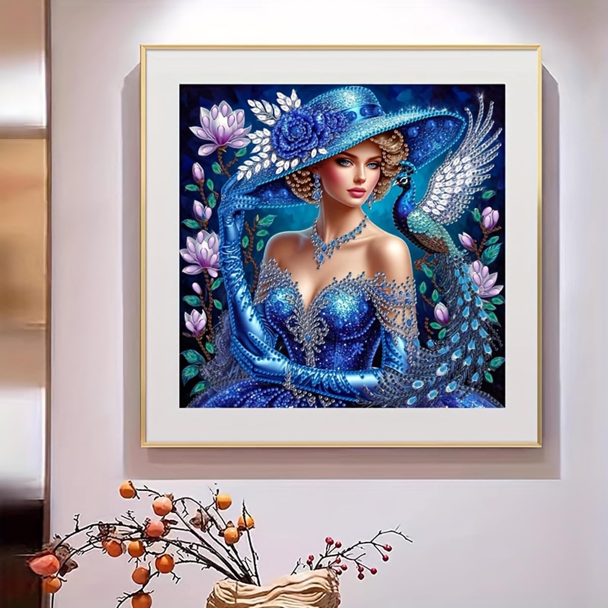 Semneroy Special Shape Diamond Art Kits for Adults, Lady in Blue Hat 5D Diamond Painting Kits for Beginners, DIY Peacock Rhinestone Diamond Dots Gem Painting Art Craft Home Decor 12 x12 Inch Semneroy