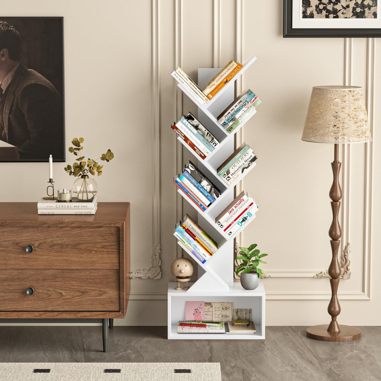 SHEEPAM 9 Tier Tree Bookshelf,Christmas Green Bookcase for Narrow Space, Storage Organizer Floor Standing Bookshelves for Books, Tall Book Case for Home Office, Living Room, Bedroom SHEEPAM