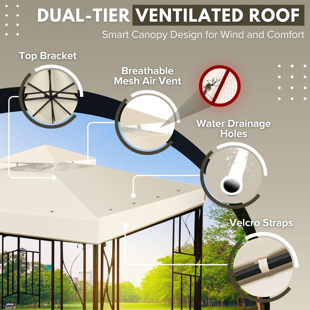 Flexzion 8'x8' Gazebo Top Canopy Replacement Cover (Ivory) - Dual Tier with Plain Edge Polyester UV30 Protection Water Resistant for Outdoor Garden Patio Lawn Sun Shade Flexzion