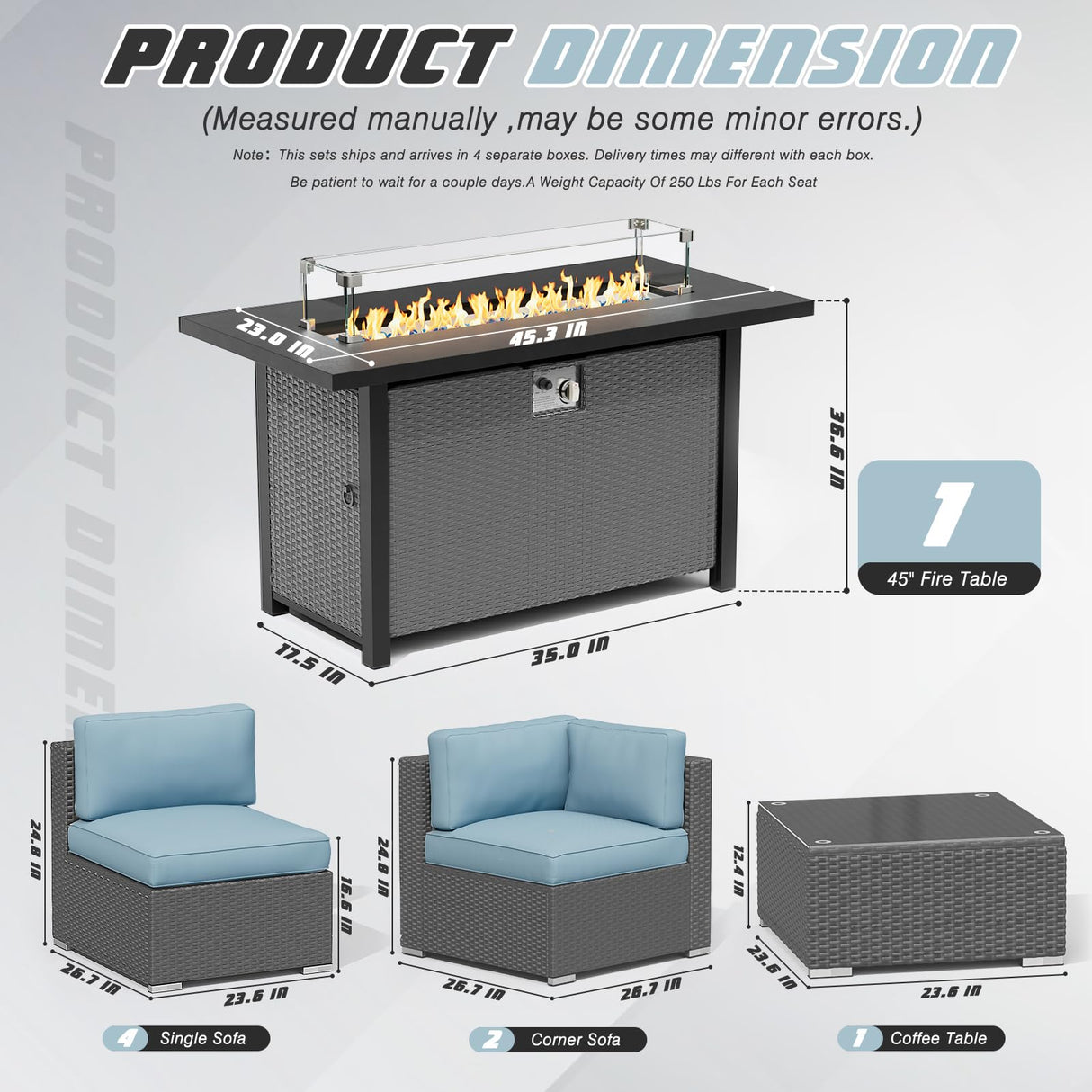 SUNCROWN Outdoor Patio Furniture Set 8 Piece Outdoor Sectional Sofa Grey Wicker Conversation Sofa Set with Coffee Table, Cushions and Fire Pit Table, Light Blue SUNCROWN