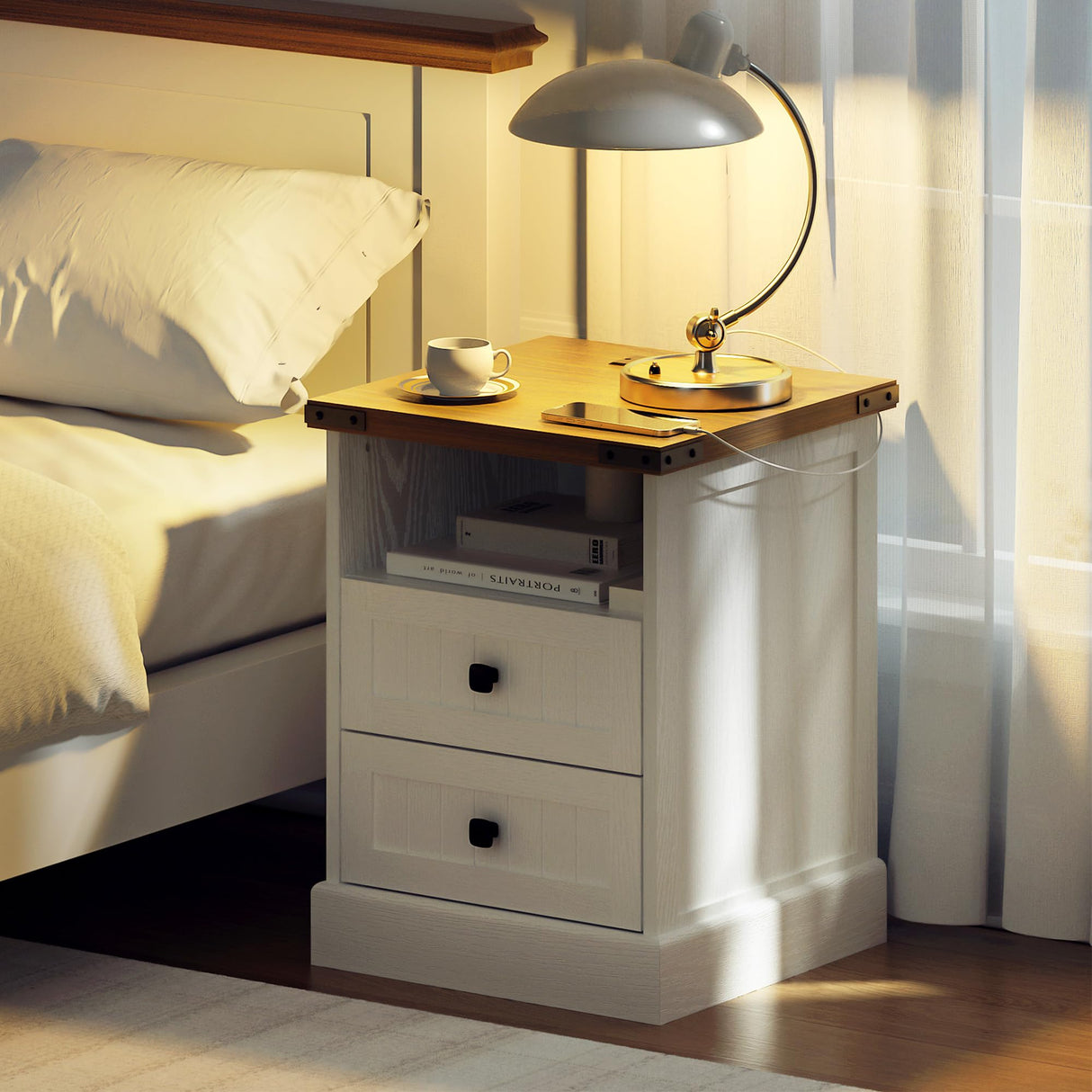 AntsandAnts White Farmhouse Nightstand Set of 2,Wood End Tables Bedroom with Charging Station,Metal Corner Night Stand with 2 Drawers for Living Room,Bedside Table Furniture AntsandAnts