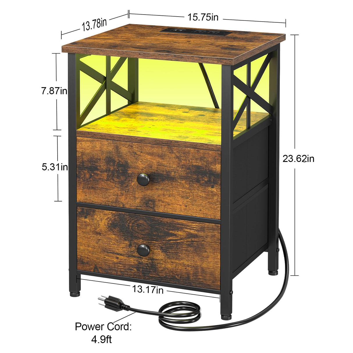 AMHANCIBLE Night Stand Set 2, LED Nightstand with Charging Station, End Tables Living Room with Fabric Drawers, Bedside Table for Bedroom, Rustic Brown, HET052LBR AMHANCIBLE