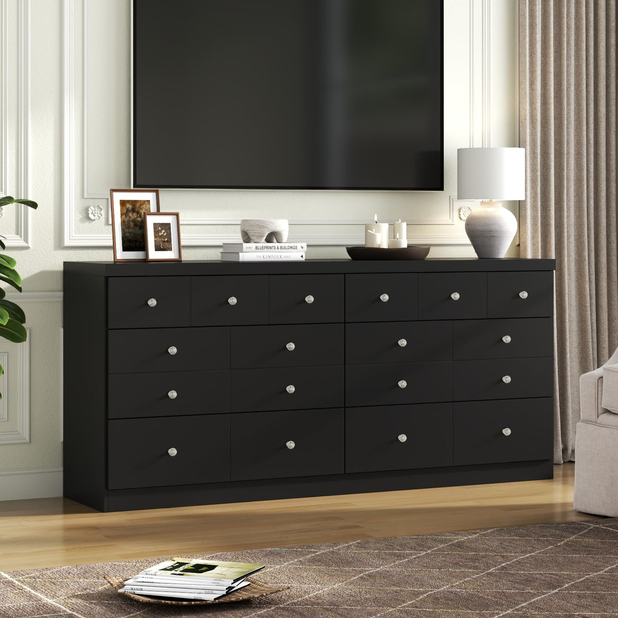 63'' Long Dresser for Bedroom, Double Wide Dresser 6 Drawer Dresser with 14 Organized Compartments, Modern Black Wood Dresser 6 Drawer with Glass Handles, Extra Large Chest of Drawers for Bedroom Gyfimoie