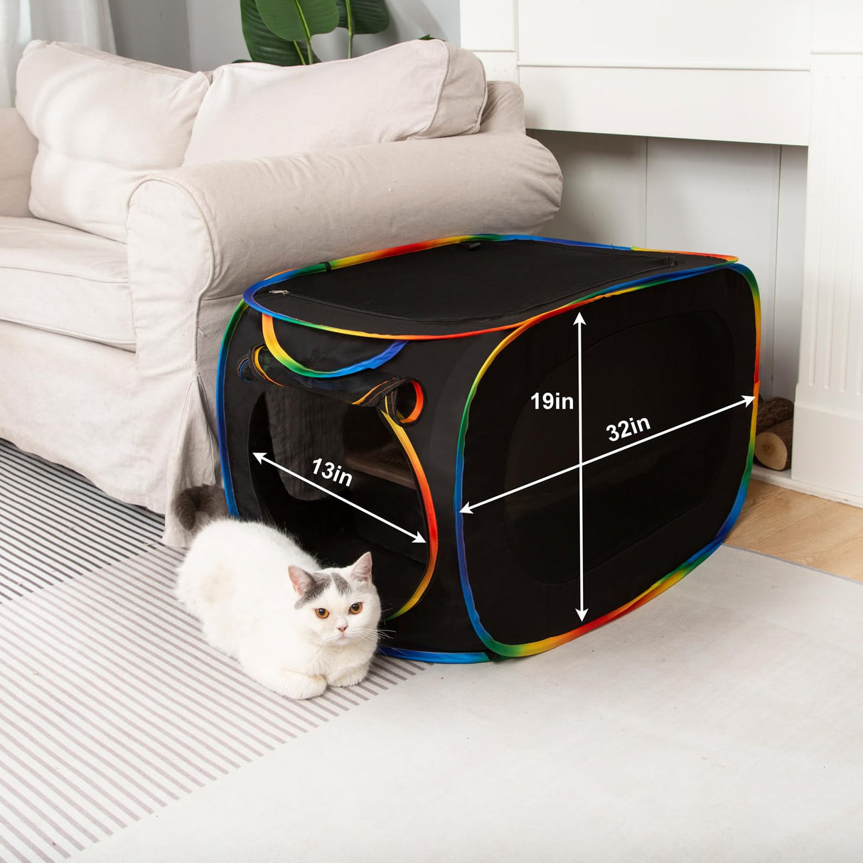 LUCKITTY Portable Cat Litter Box Enclosure, Pop Up Hidden Litter Box Furniture with Big Pocket for Living Room, Bedroom, Made by Waterproof Oxford & Breathable Mesh, Black-Rainbow, 32" L×19" W×19" H LUCKITTY