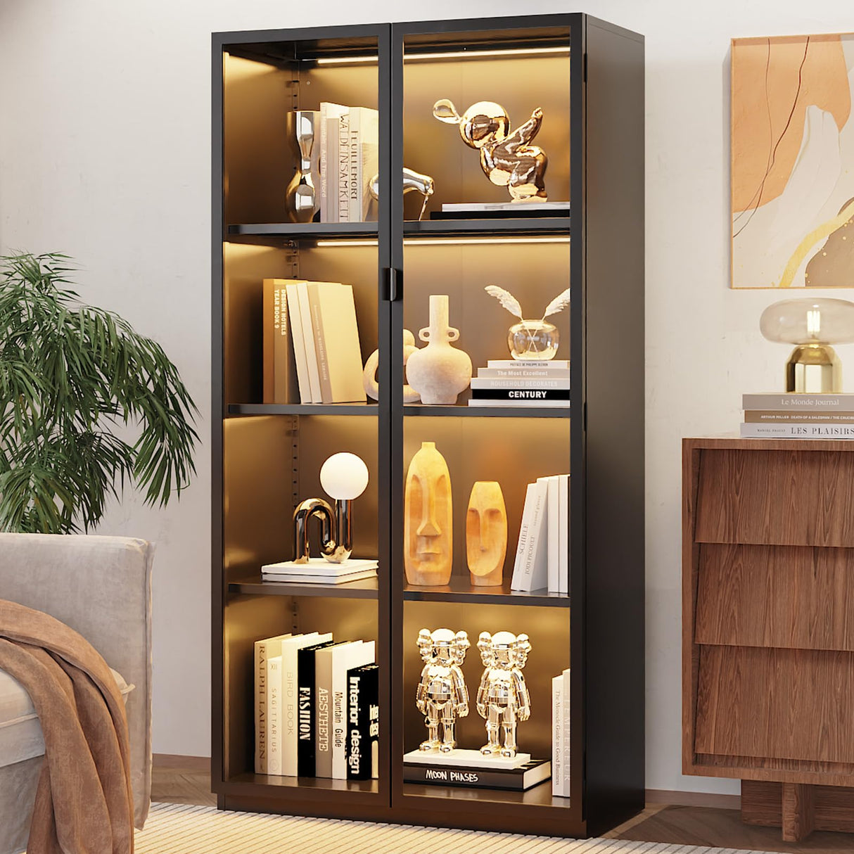 Eltean Display Cabinet with Glass Doors and LED Lights, Glass Display Case with 3 Adjustable Shelves,4 Tier of Storage Space Curio Cabinet for Bedroom Living Room Homeoffice Dining Room Eltean