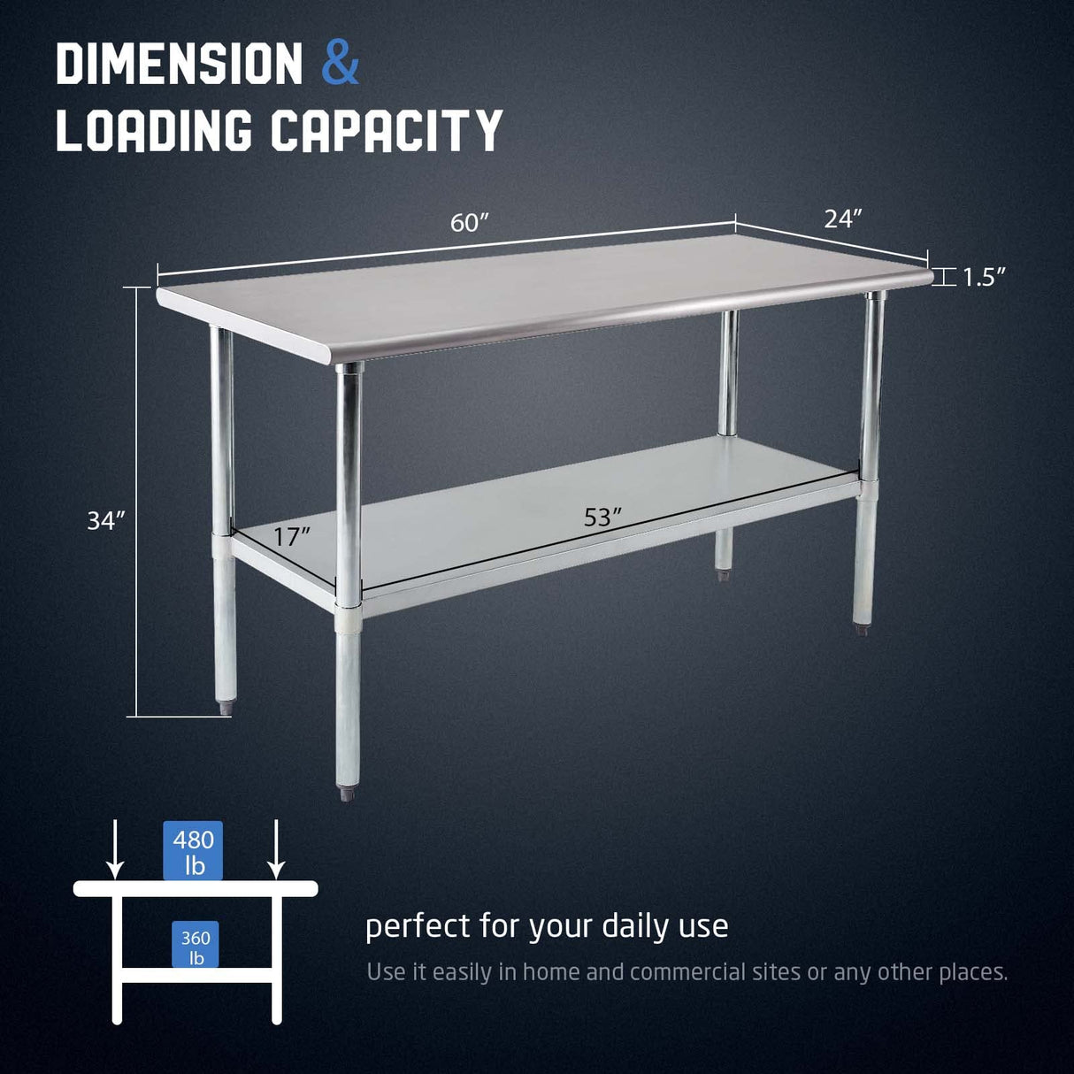 Profeeshaw Stainless Steel Prep Table 60x24 Inch NSF Commercial Work Table with Undershelf Heavy Duty Table for Kitchen Restaurant Home Hotel Profeeshaw