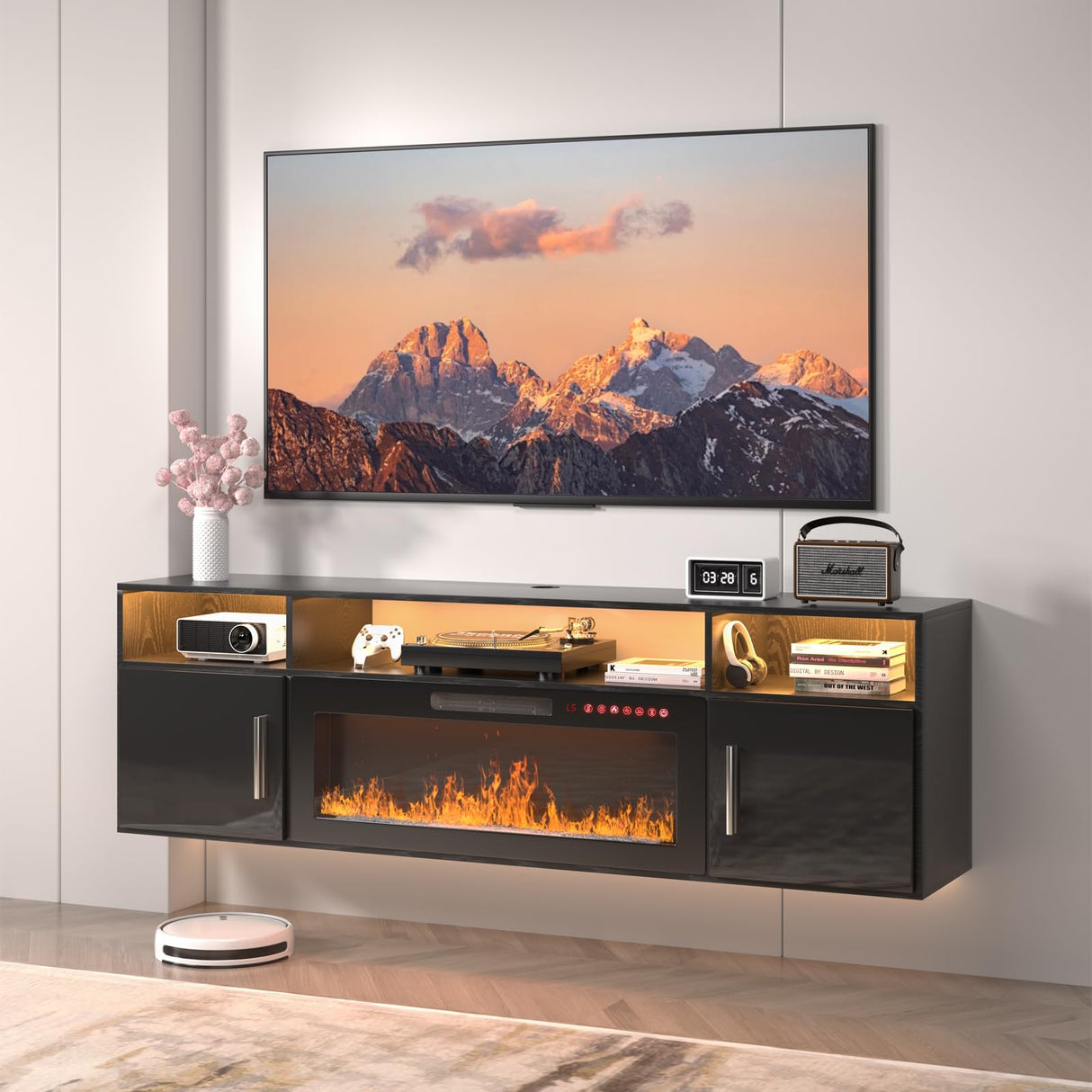 VENDORZ Floating Fireplace TV Stand, 70" Floating TV Stand Wall Mounted with 36" Fireplace, Black Floating Entertainment Center Fire Place TV Stands for Living Room Media Console, Up to 80" TVs VENDORZ