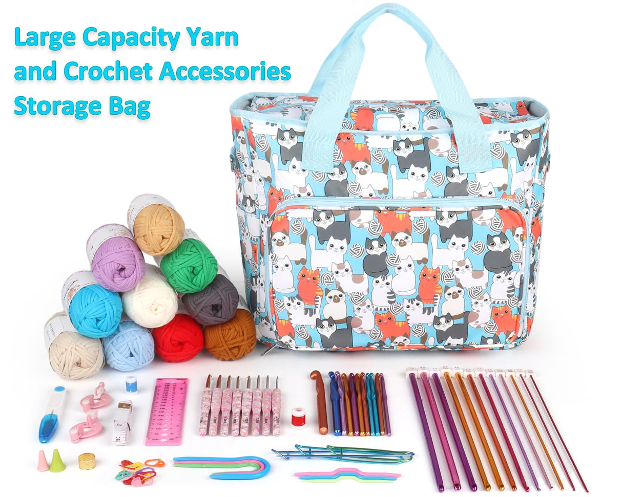 Aeelike Yarn Storage Organizer Travel Crochet Bag, Large Capacity Tote Bag Knitting Bag for Carrying Projects, Knitting Needles, Crochet Hooks and Yarn, Cute Blue Cat Aeelike