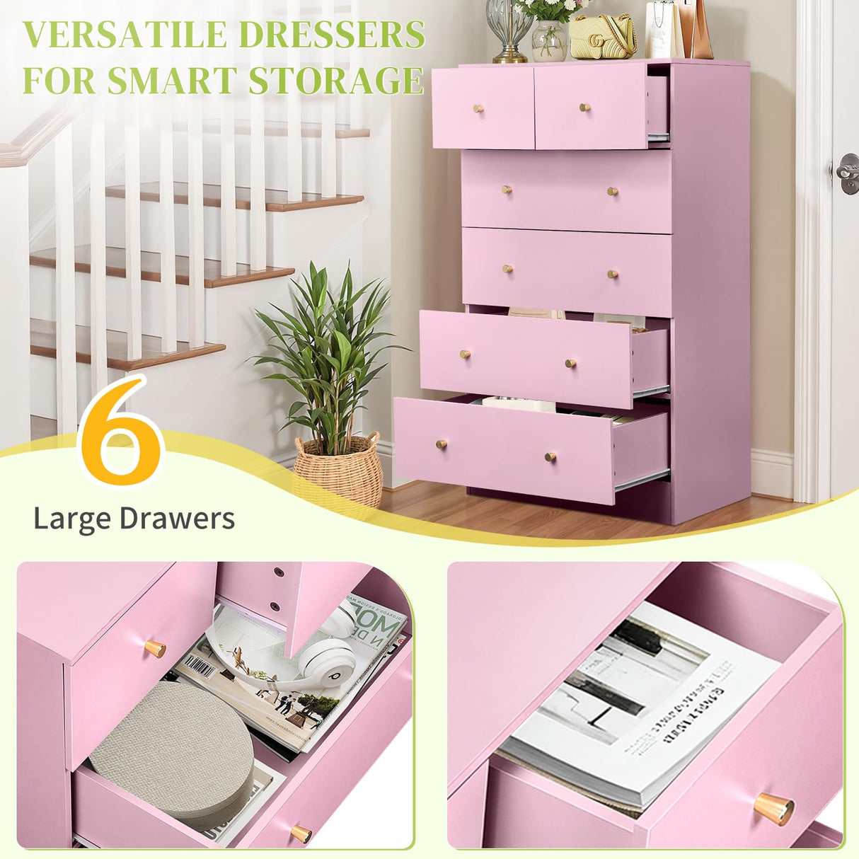 Karl home Pink 6 Drawer Dresser for Bedroom, Tall Dresser Chest of Drawers, Rustic Wood Bedroom Dressers Clothes Organizer, Anti-Tipping Device, Rose Gold Metal Handle, Living Room, Entryway, Office Karl home