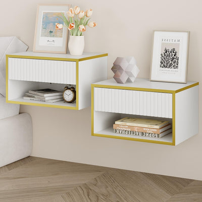 4ever2buy Floating Nightstand Set of 2, Modern Wall Mounted Nightstand with Open Shelf and Fluted Drawer, White and Gold Night Stand for Bedroom, White