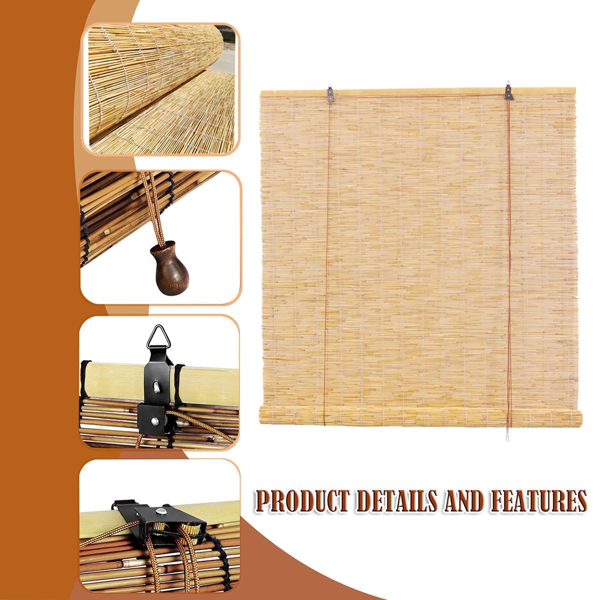 Outdoor Bamboo Roll-up Shades for Porch Patio Privacy Screen, Bamboo Blinds for Windows, 28" 34" 40" 42" 56" 66" 70" 76" UV Resistant Reed Roller Shades with Lifter, Cordless Blackout Curtains KAKVSRBPER