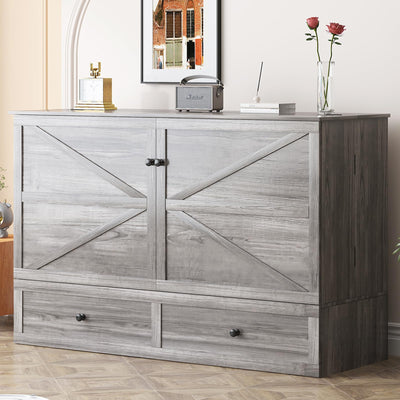 Mjkone Murphy Bed Full Size Cabinet with Tri-Fold Memory Foam Mattress, USB Charging Station, Farmhouse Wood Space-Saving Hidden Folding Chest Cabinet Bed for Guest Room Apartment, Gray