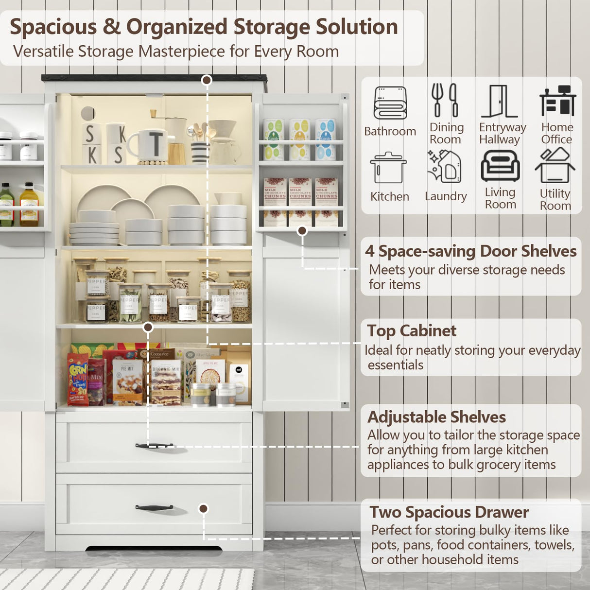 Gyfimoie Tall Farmhouse Kitchen Cabinet with Sensor Light, Kitchen Pantry Cabinet with 2 Large Drawers and Adjustable Shelves, Traditional Freestanding Cupboard with Doors for Kitchen (White) Gyfimoie