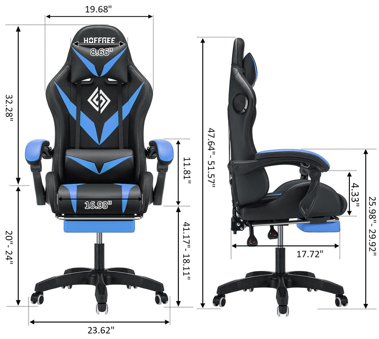 HOFFREE Gaming Chair Massage with Bluetooth Speakers and Led Lights Ergonomic Computer Gaming Chair with Footrest RGB Video Game Chair with High Back Lumbar Support Blue and Black HOFFREE