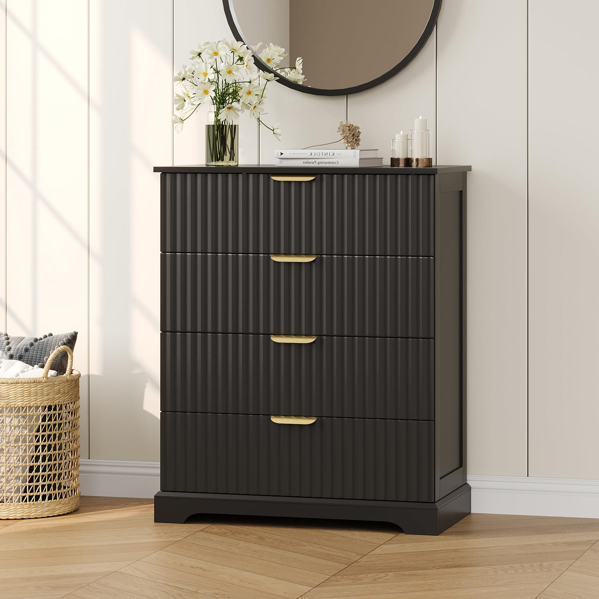 ProsperHaven Fluted Dresser with 4 Drawers for Bedroom, 36.6" Tall Dresser with Charging Station, Wooden Chest of Drawers for Bedroom, Living Room, Entryway, Black ProsperHaven