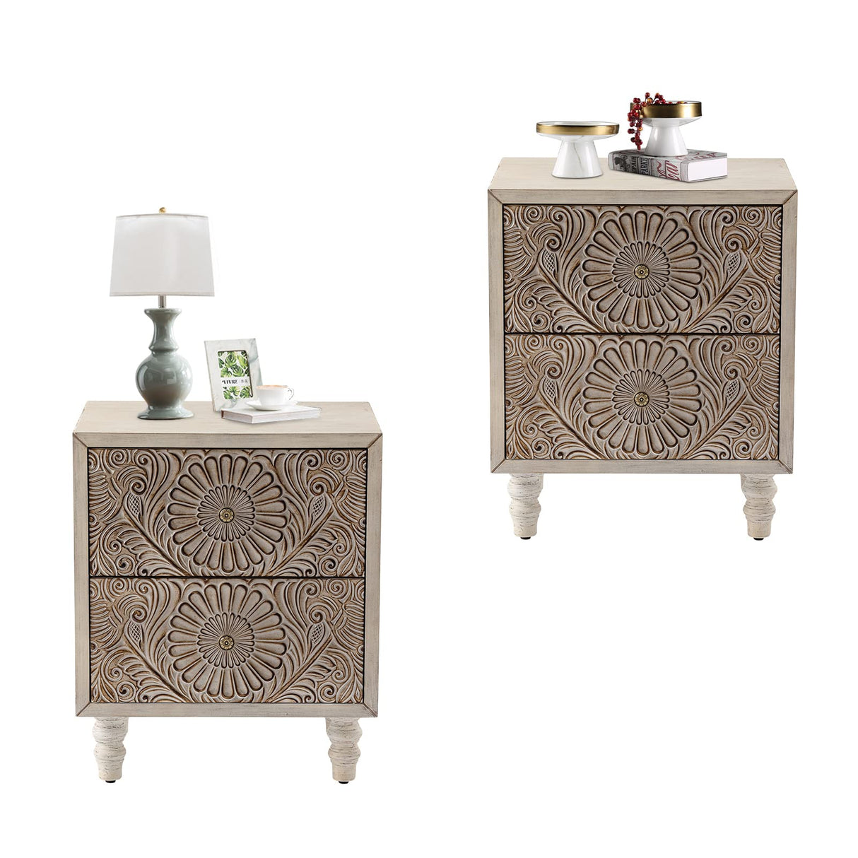 HOMPUS End Table with 2 Drawers Sets of 2, 2 Tier Bedside Table Sets, Wood Grain Nightstand, Small Accent Table with Pattern Drawer, Side Table for HOMPUS