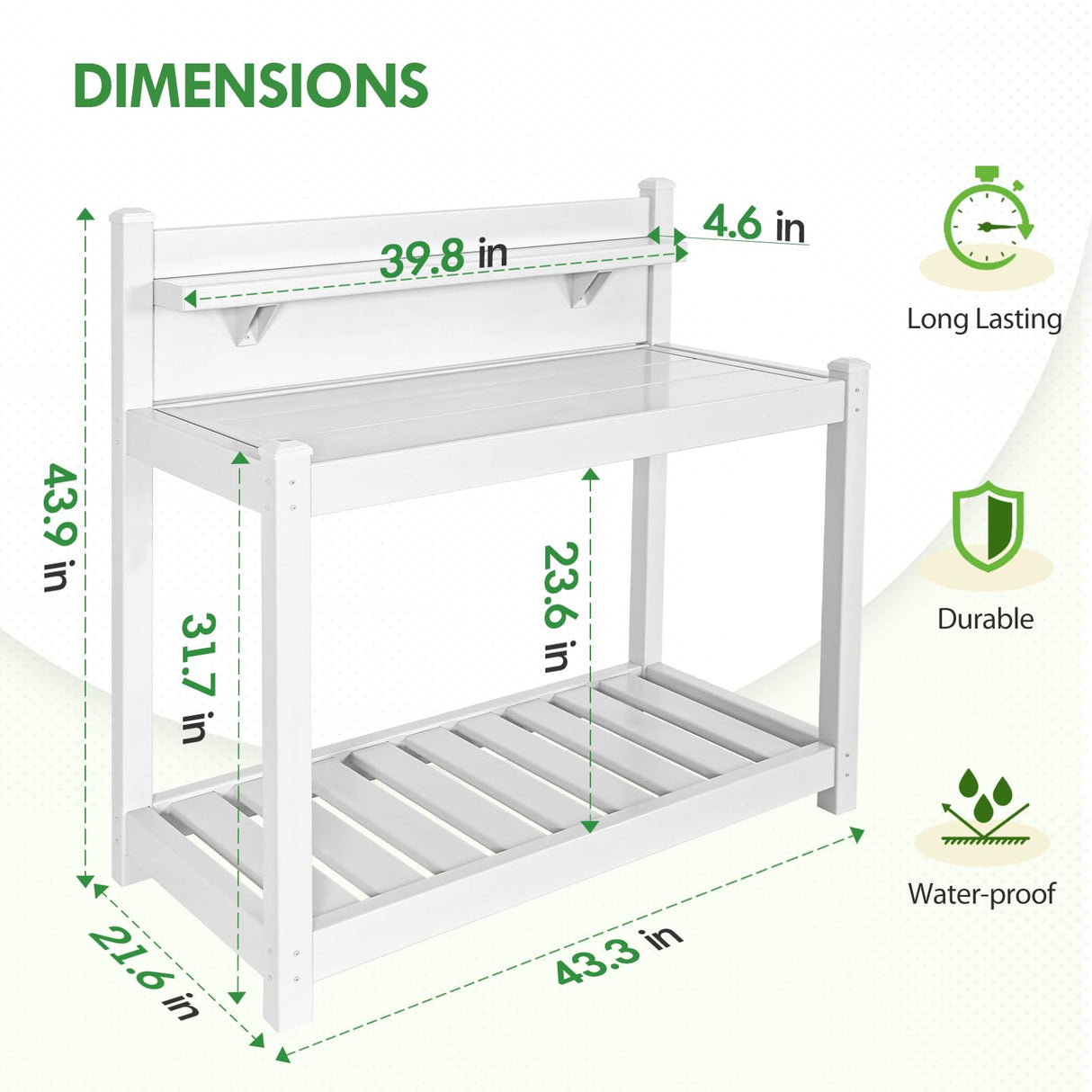 EAGLE PEAK Outdoor Indoor Maintenance Free Vinyl Garden Potting Bench, Waterproof Potting Table with Open Shelf, Lower Storage, 40inx21.6inx43.9in, White EAGLE PEAK