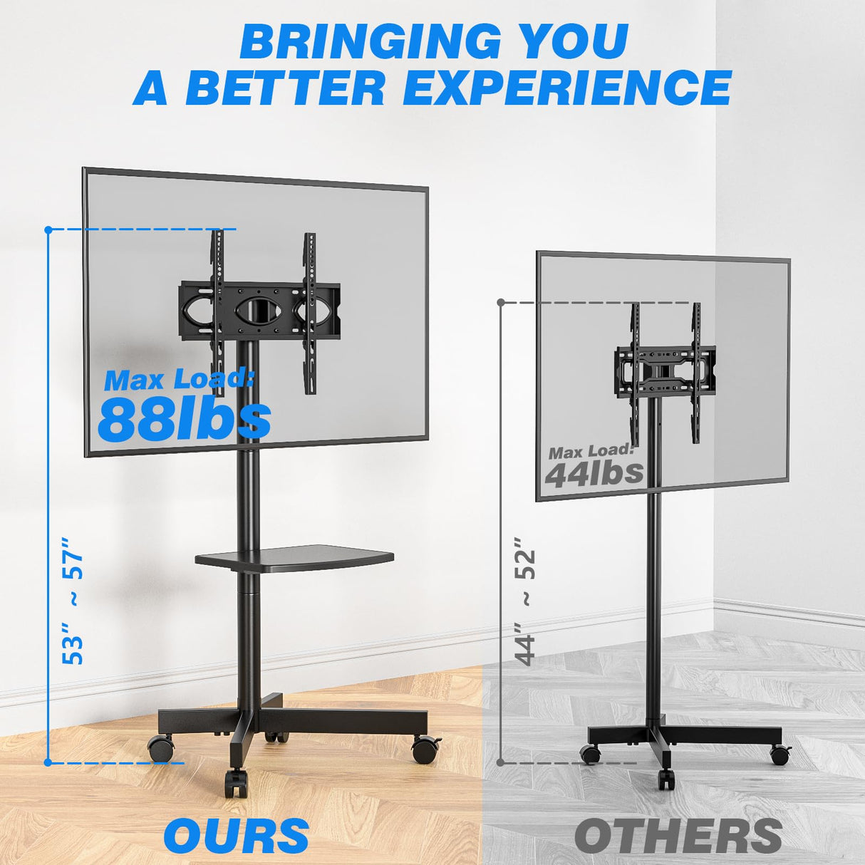 Rfiver Mobile TV Cart for 23-60 Inch LCD LED Flat Panel Curved Screen TVs up to 88 lbs, Height Adjustable Shelf Rolling Floor Stand with Wheels as a Movable Portable Stand, Max VESA 400x400mm Rfiver