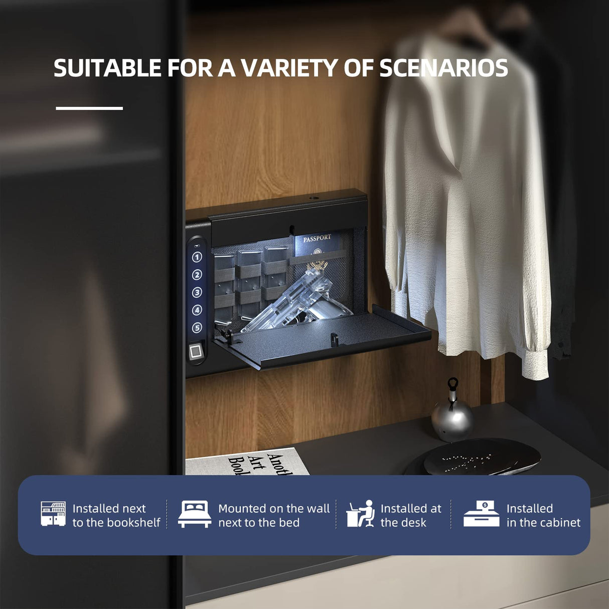 XDeer Wall Gun Safe, Biometric Gun Safes for Pistols, Quick-Access Handgun with Fingerprint & Digital Key Pad, Pistol Safe for Home, Up to 1 Full-size pistol XDeer