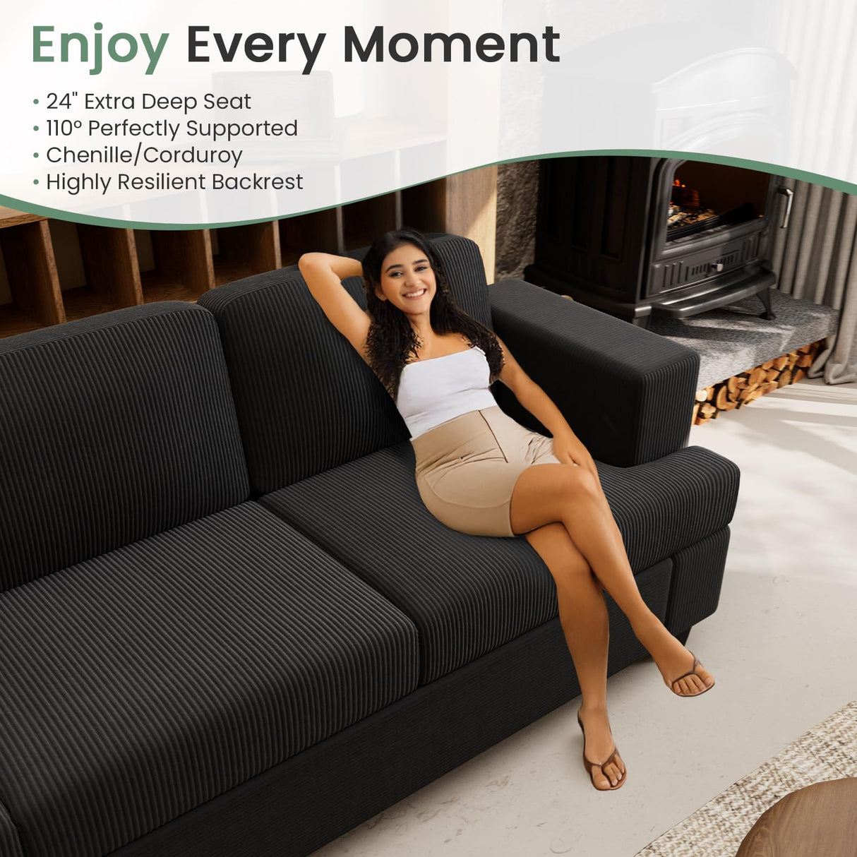 YOUDENOVA 63” Corduroy Loveseat Sofa Couch for Living Room, Small Couch with Deep Seat for Bedroom, Comfy Could Loveseat for Small Living Room, Black Corduroy YOUDENOVA