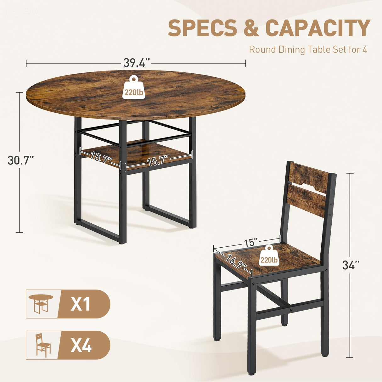 RALGEND Round Dining Table Set for 4, Circle Kitchen Table and 4 Chairs, 5 Piece Dining Table Set, with Wooden Tabletop and Widen Seat, Space Saving, for Dining Room, Rustic Brown and Black RALGEND
