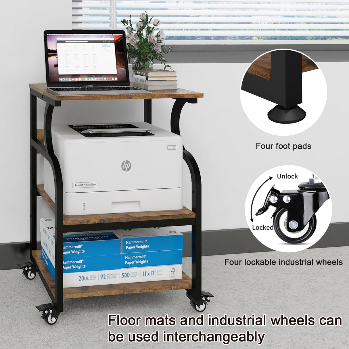 Natwind Large Printer Stand,Printer Table with Adjustable Storage Shelf,3 Tier Rolling Printer Cart with Wheels for Home Office Organization Shelves for Heat Press,3D Printer (Retro) Natwind