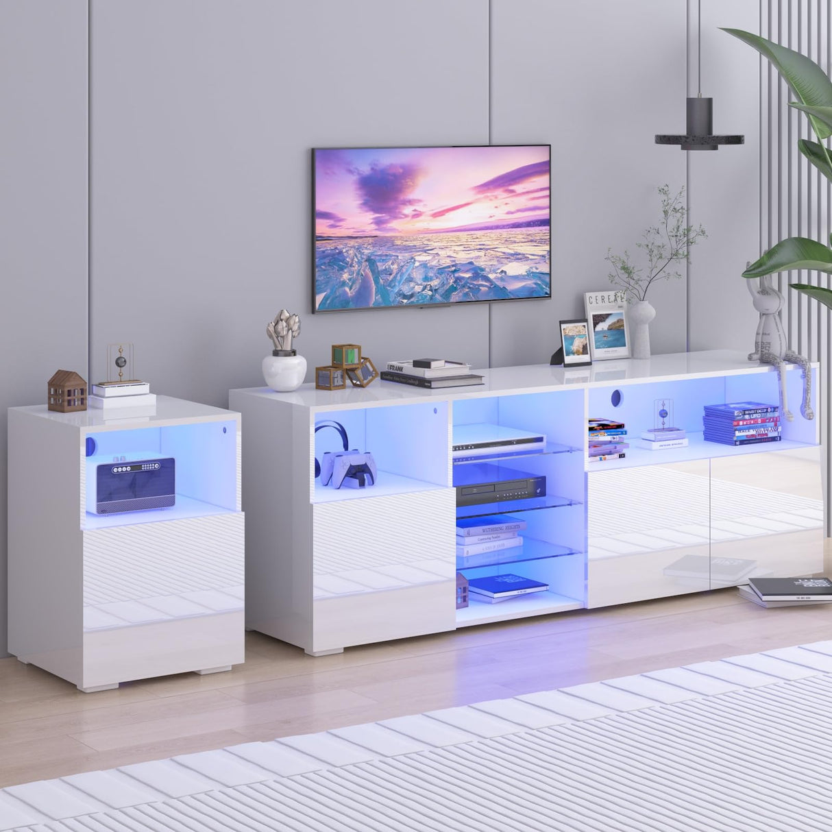 Hlivelood LED TV Stand for 85/75/65 Inch TV, High Glossy Modern TV Console Entertainment Center with Storage and LED Lights for Living Room, Bedroom, White Hlivelood