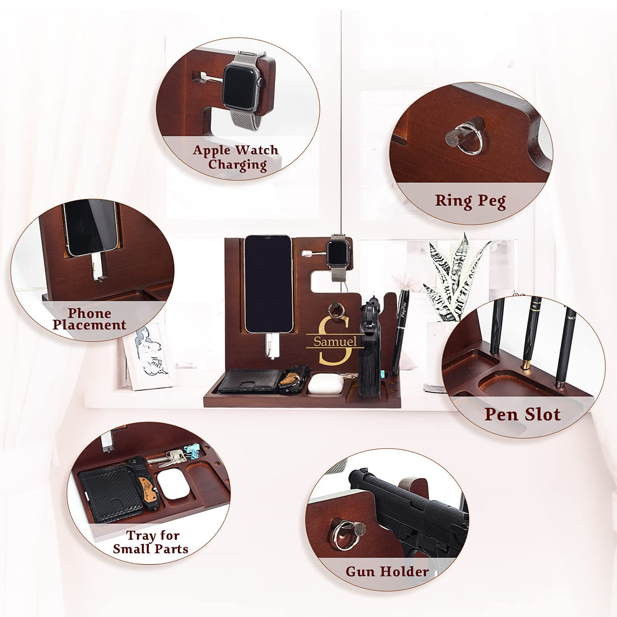 Police Officer Wood Docking Station, Nightstand Organizer for Men with Gun Holder, Pistol Rack, Phone Stand, iWatch Charging, Ring Holder, Pen Slot - Gifts for Police Officer, Husband, Boyfriend, Dad awofer