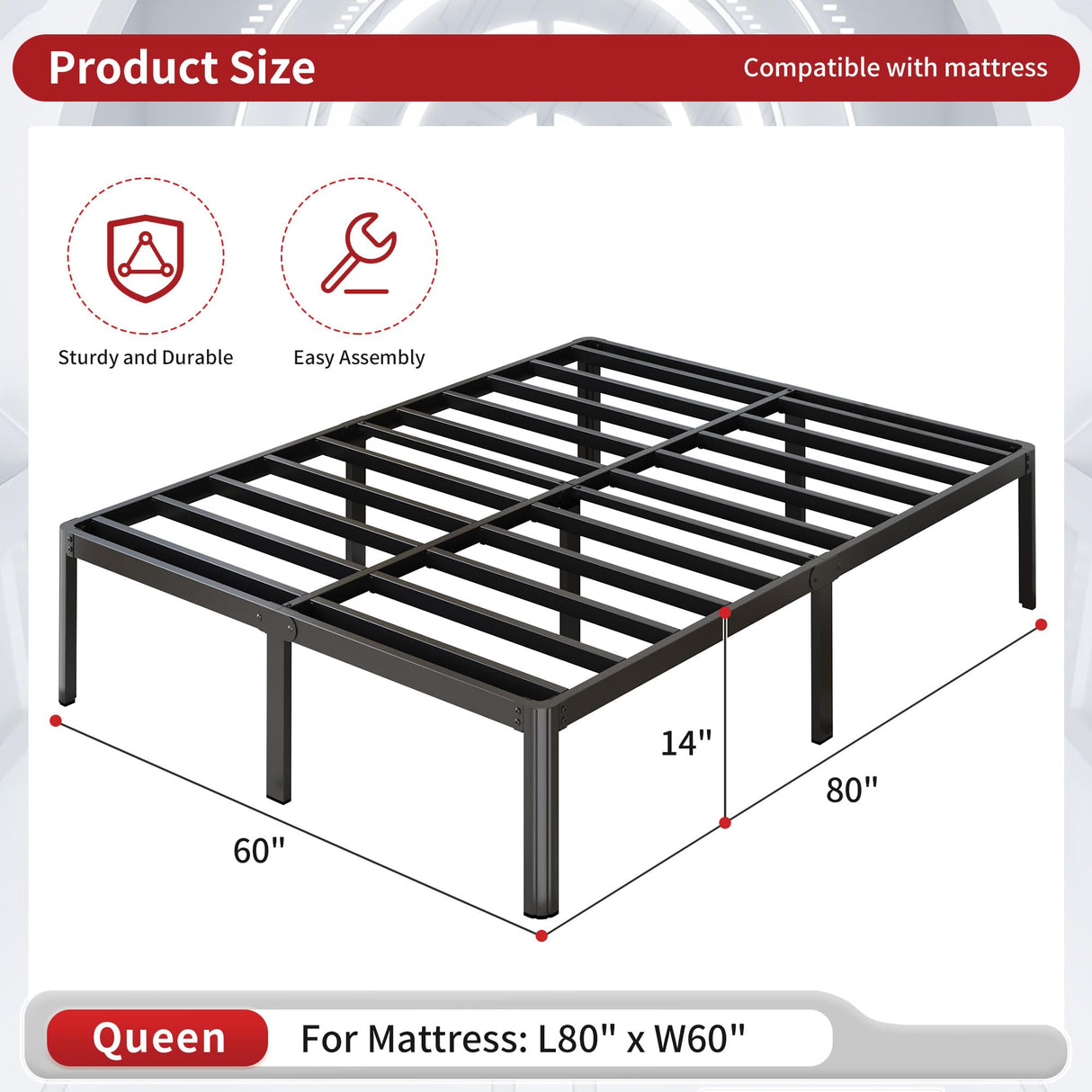 Yicensen 14 Inch Queen Bed Frame Heavy Duty Rounded Corner Legs Platform Bed Frame Queen Size, Easy Assembly, Noise Free, No Box Spring Needed, Black. Yicensen