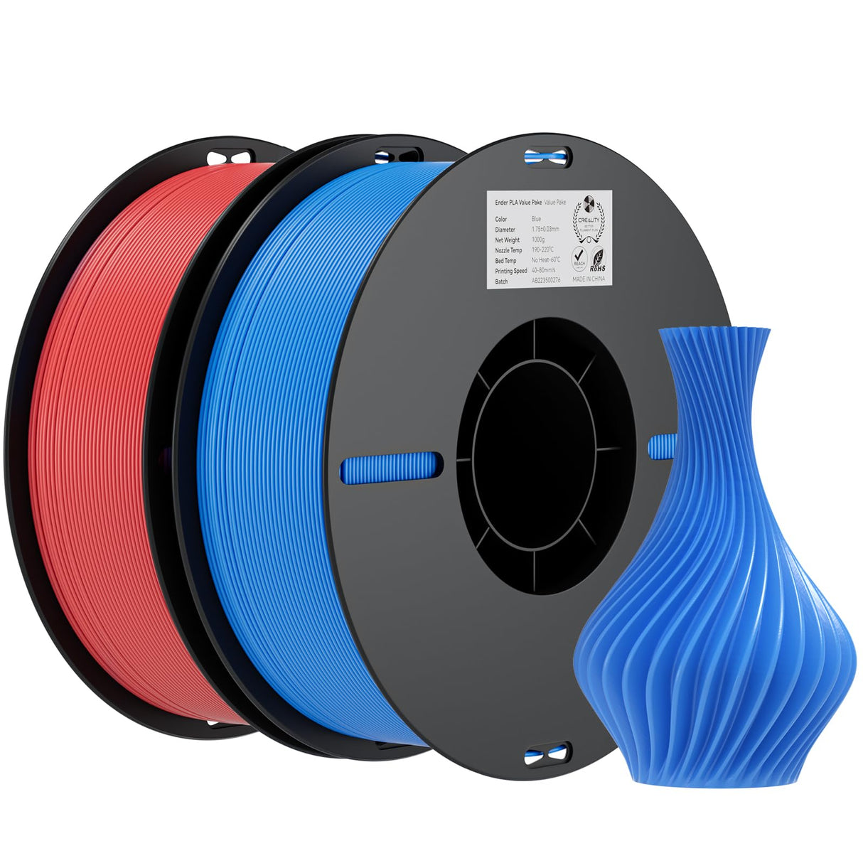 Creality PLA Filament 1.75mm Bundle 2KG, 3D Printer Filament Dimensional Accuracy +/- 0.02mm, No-Tangling Strong Bonding 3D Printing Filament, Fits for Most FDM 3D Printers (Red & Blue) Creality