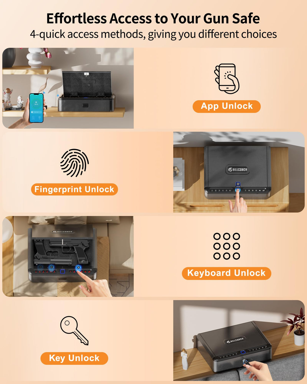 BILLCONCH Gun Safe for Handgun - Biometric Gun Safe 4 Ways Quick Access with Fingerprint/Full-digital Keypad/Key/APP Lock Handgun Pistol Safe for Nightstand Bedside Home Car BILLCONCH