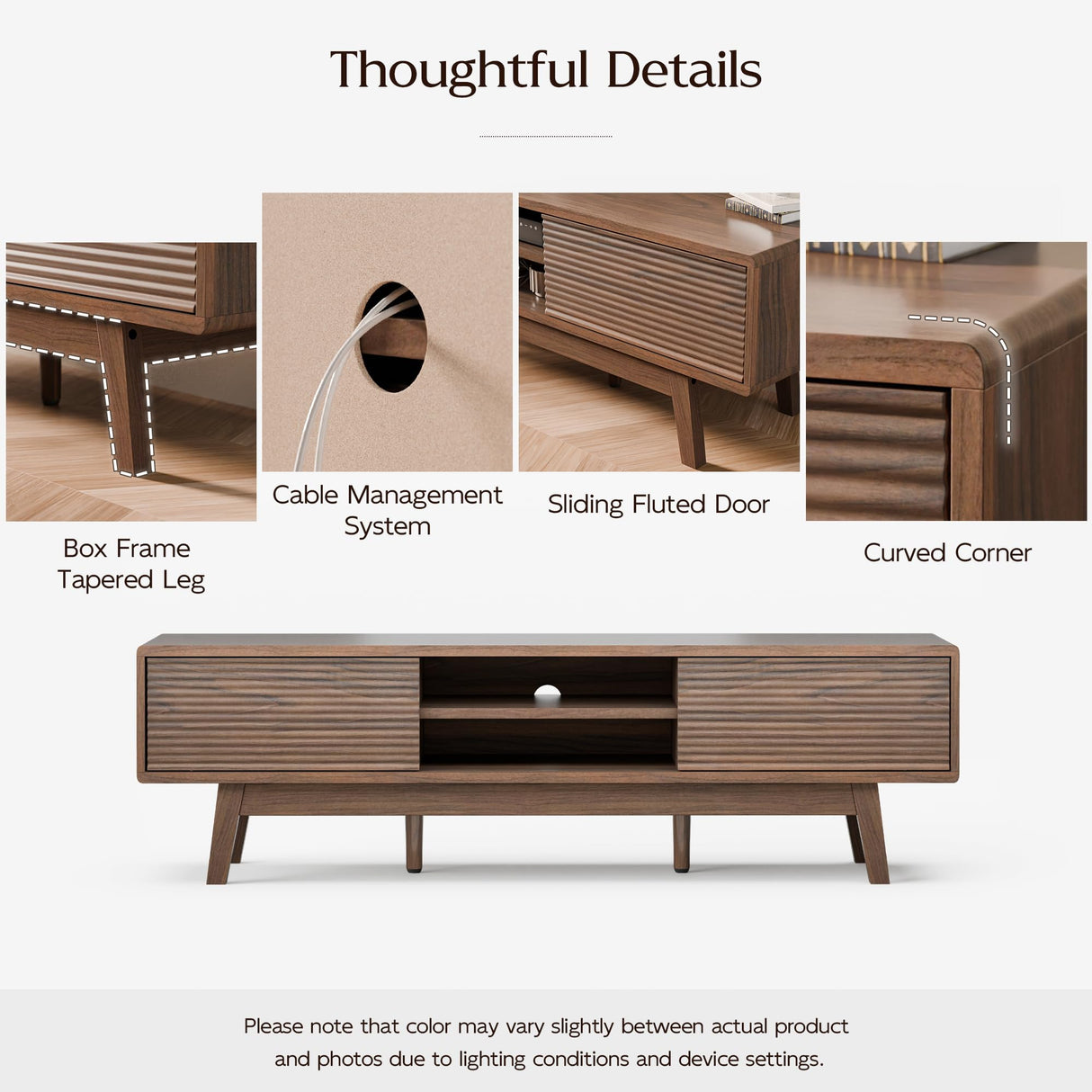 TOLEAD TV Console, Mid Century Modern Media Console for 55/60/65 Inch TV, Low Profile TV Stand with Fluted Sliding Doors, Boho Light Wood Credenza for Living Room (Walnut, 59") TOLEAD