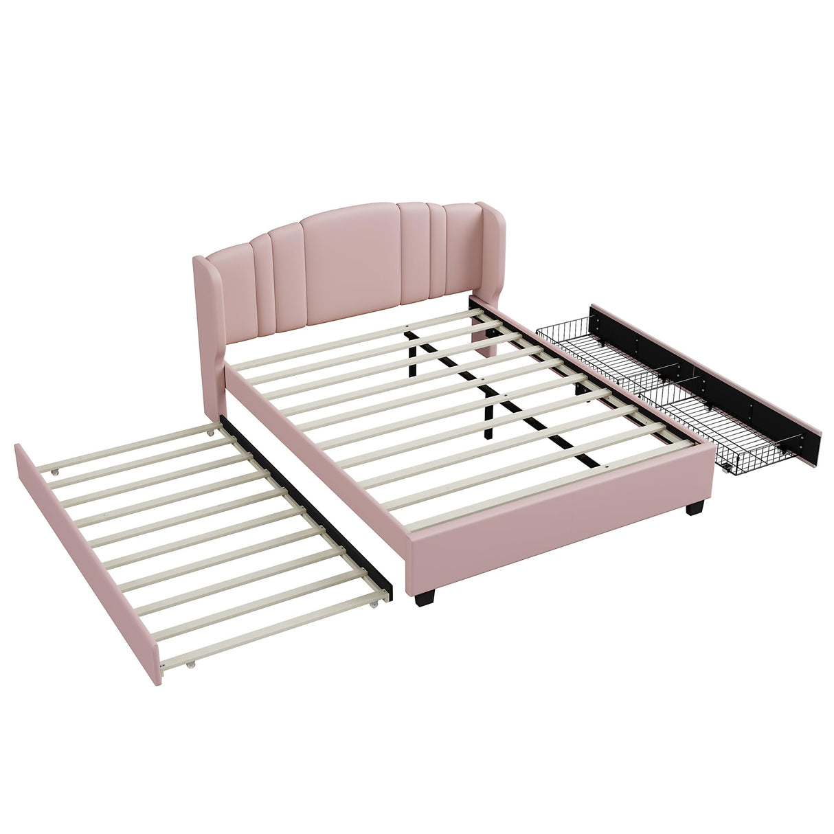 Queen Size Platform Bed Frame, Linen Fabric Upholstered Bed with Wingback Headboard, Twin Size Trundle and 2 Drawers, No Box Spring Needed, Easy Assembly (Pink) BEDGJH