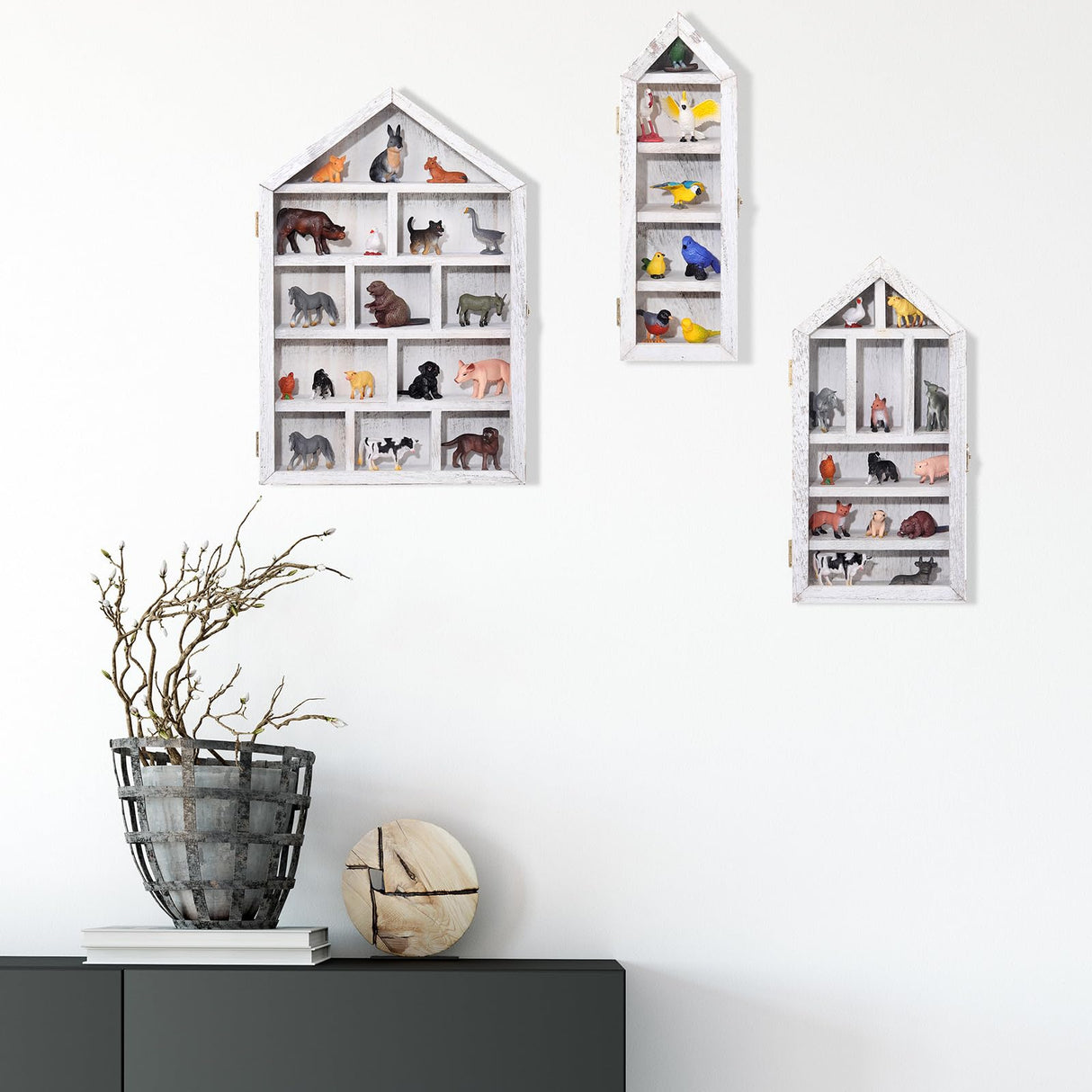 DoubleFill Set of 3 Shadow Cubby Boxes Wooden Display Shelf 10 x 15 Inch Large Wall Mounted Display Storage Shelves for Mini Figures Curio Trinket Medals Crafts Collections(Antique White,House Shape) DoubleFill