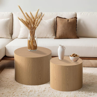 YYZIWYUN Nesting Coffee Table Set of 2 Modern Drum Coffee Table Handcraft Fluted Coffee Table End Table Round Wood Coffee Table for Living Room Small Space, No Need Assembly,Light Wood