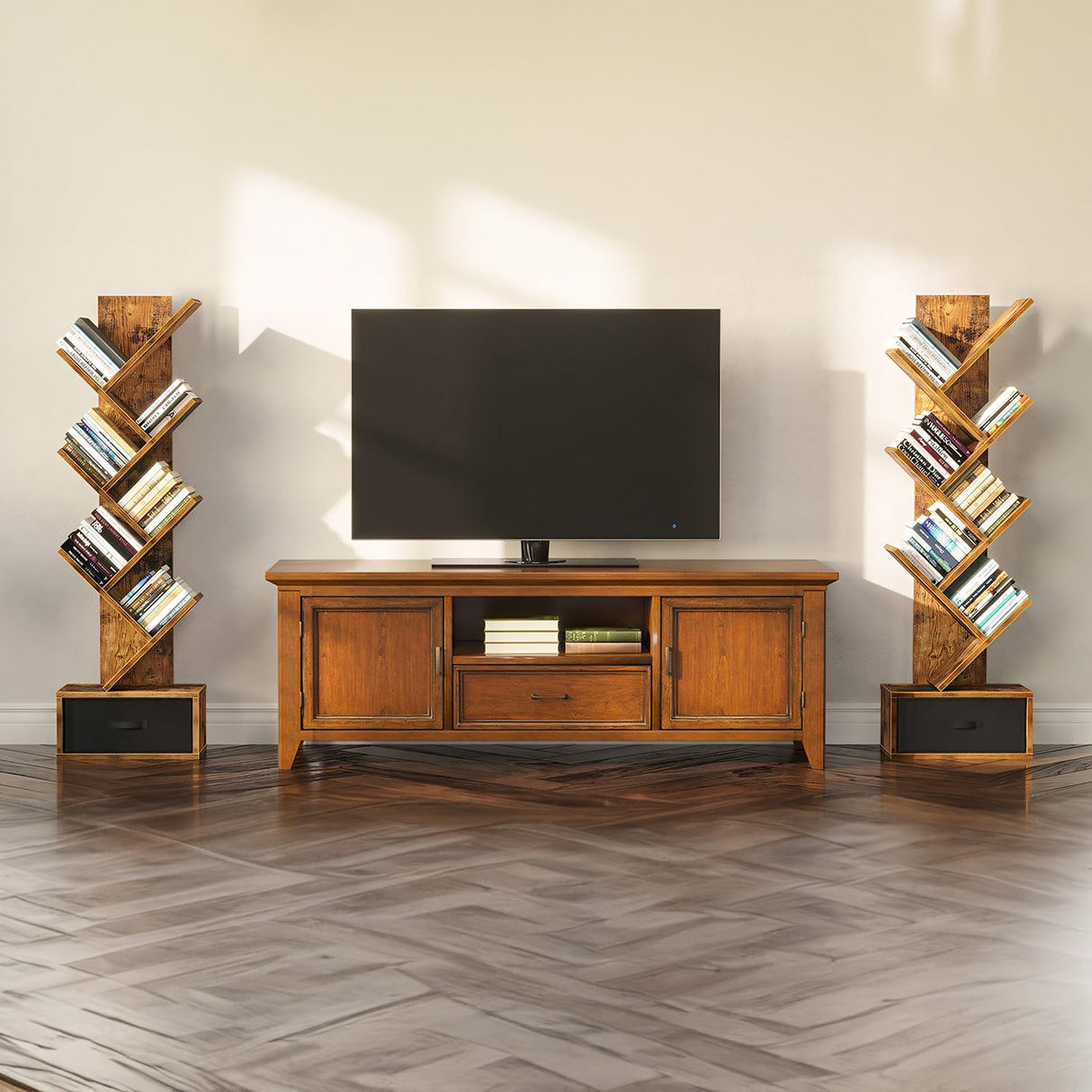 SUPERLELE 6 Shelf Bookshelf with Drawer, Retro Tree Bookcase Floor Standing Bookcase for CDs/Movies/Books, Utility Book Organizer Shelves for Bedroom, Living Room, Home Office SUPERLELE