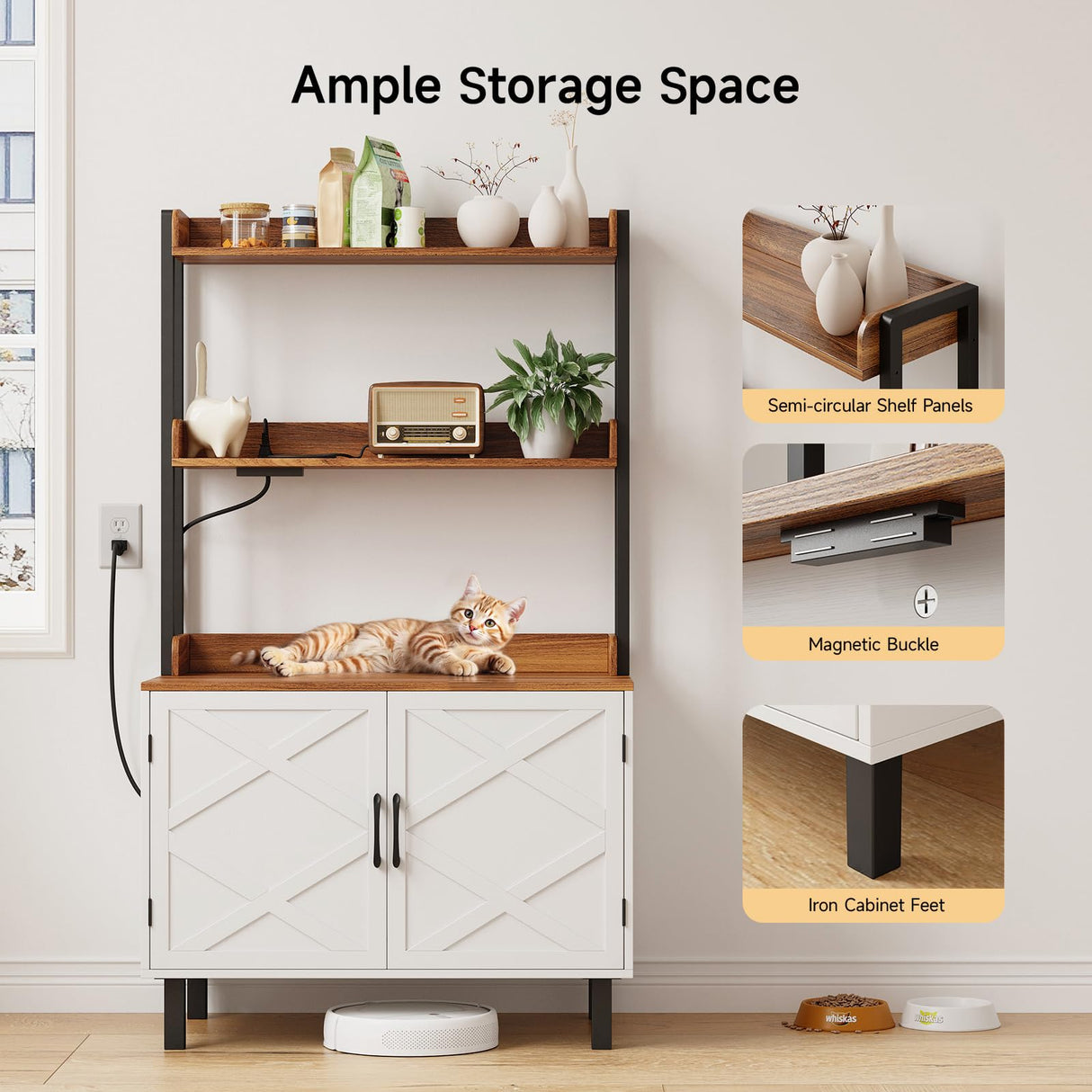 ONBRILL 55 Inches Cat Litter Box Enclosure, Hidden Litter Box Furniture with 2 Storage Shelves and Charging Sockets, Wooden Cat House, Large Indoor Cabinet for Livingroom & Entryway, White ONBRILL