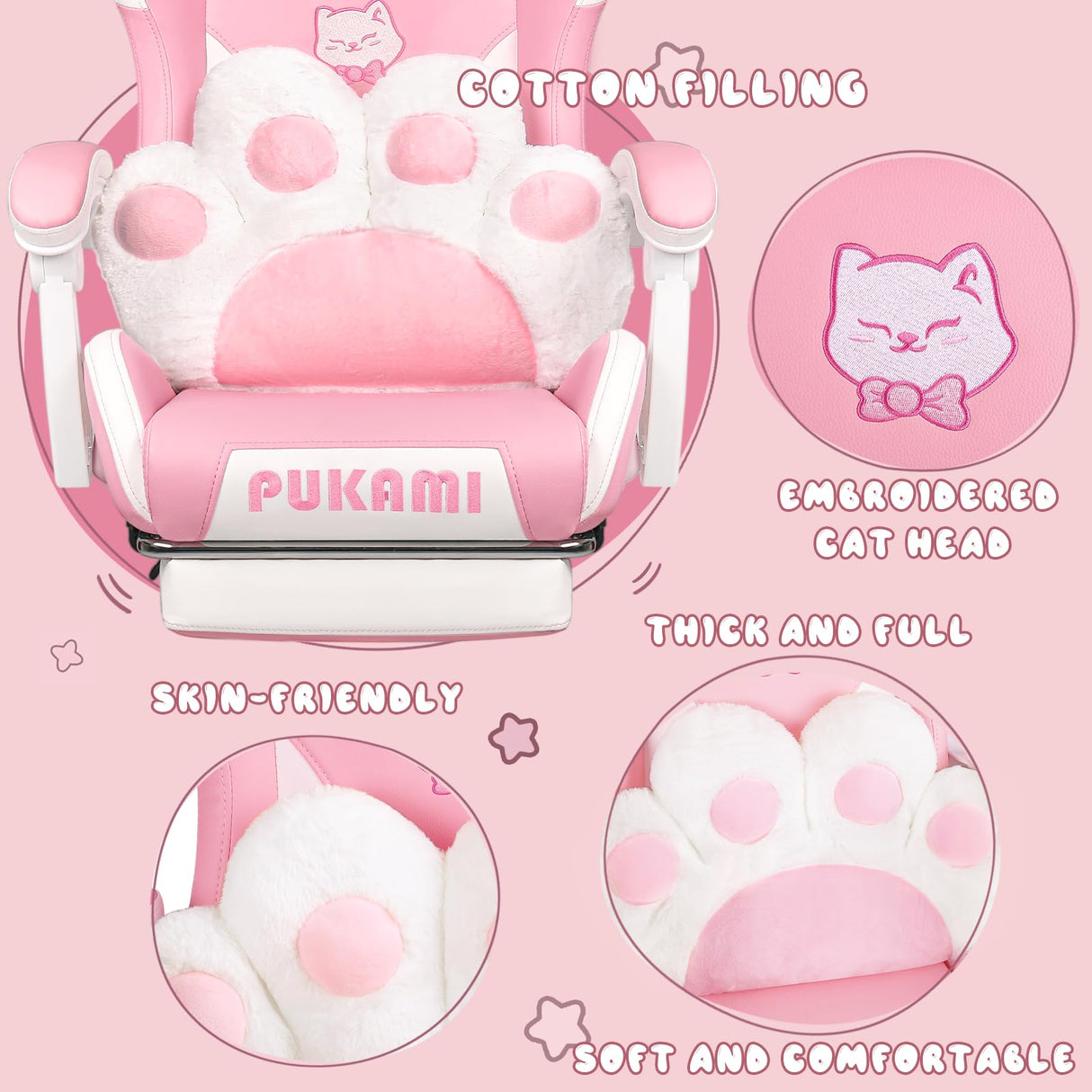 PUKAMI Pink Gaming Chair Cute with Cat Ears and Cat Paw Lumbar Cushion, Ergonomic Computer Chair for Girl with Footrest and Headrest, Comfortable Reclining PC Game Chair for Adult, Teen, Pink PUKAMI