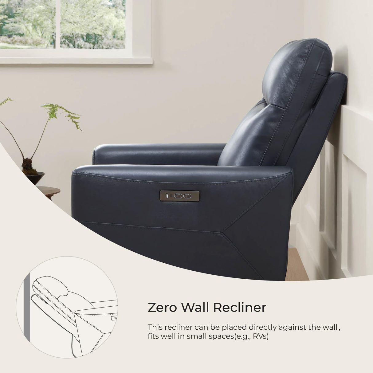 CHITA Genuine Leather Power Recliner Chair for Adults, Electric Wall Hugger Recliner for Small Spaces, Modern Living Room and RV Recliner Chair with Power Headrest & Charging Ports, Dark Blue CHITA